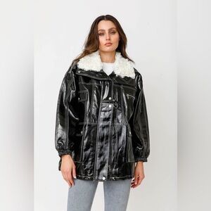 SACHI “Roche Coat” Faux Leather Coat with Cream Sherpa Collar